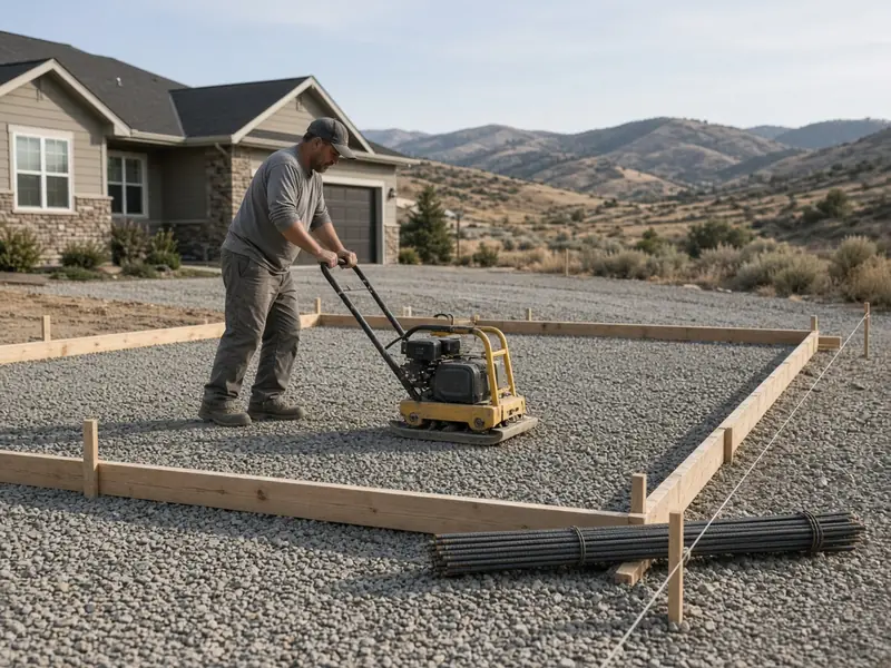 Worker compacting a gravel base inside new wooden forms for a driveway, with foothills behind