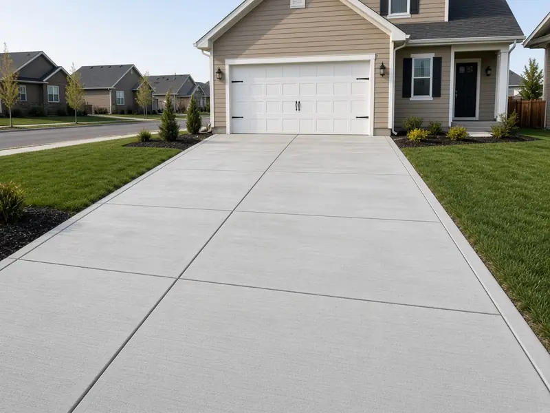 New broom-finish concrete driveway with straight saw-cut control joints leading to a two-car garage