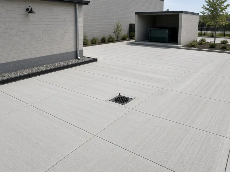 New concrete parking area with a saw-cut joint grid, a drain inlet and a dumpster pad