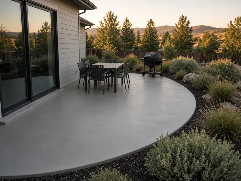 New gray concrete patio with a curved edge off a sliding door, with a table and grill