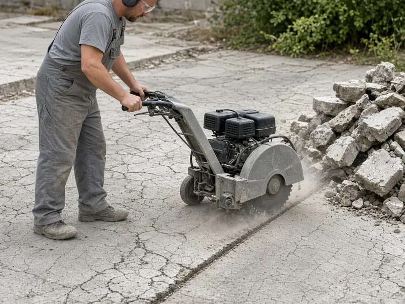 Worker saw-cutting a straight line through an old cracked concrete slab before removal