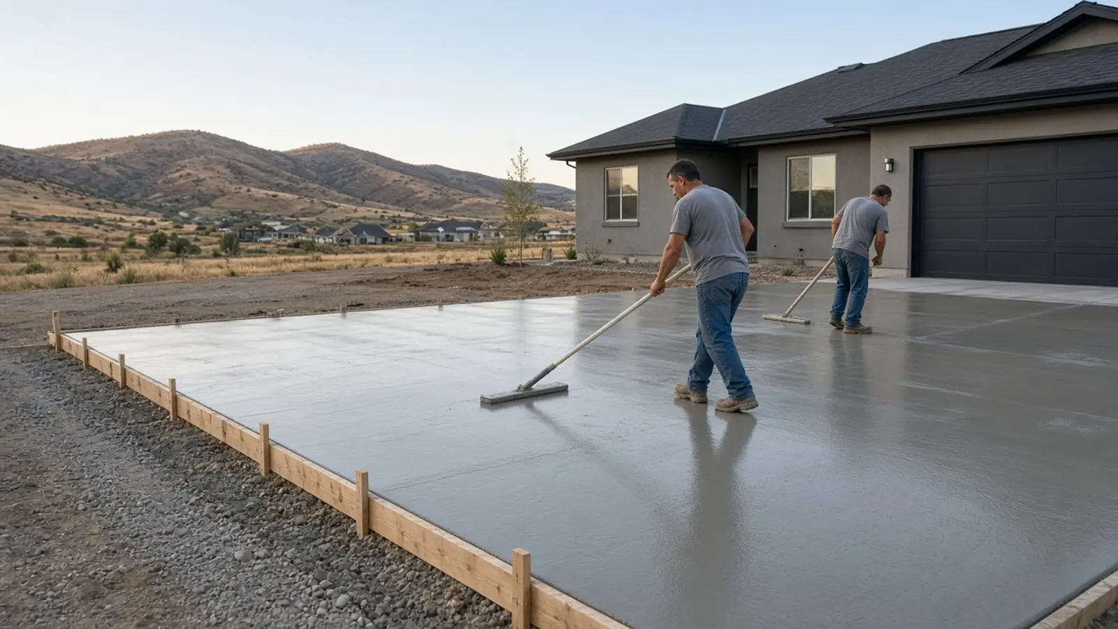 Two workers bull-floating a freshly poured concrete driveway in front of a new house, with foothills behind