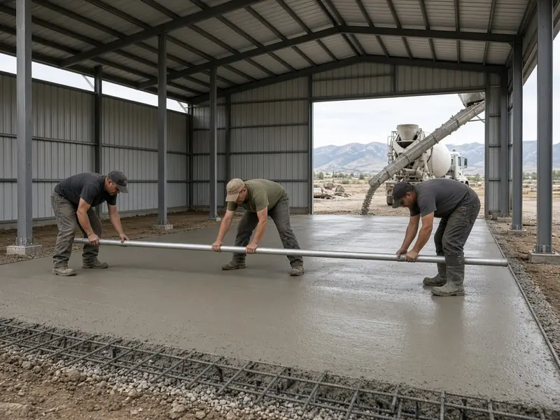 Three workers screeding a fresh concrete slab inside a metal post-frame shop